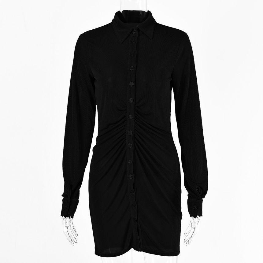 Long-Sleeve V-Neck Plain Velvet Ruched Mini Sheath Shirtdress Product Image