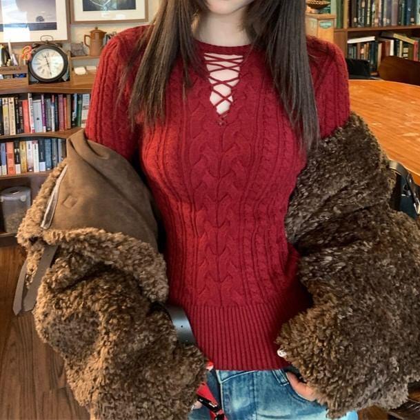 Long-Sleeve Round Neck Cutout Cable Knit Top Product Image