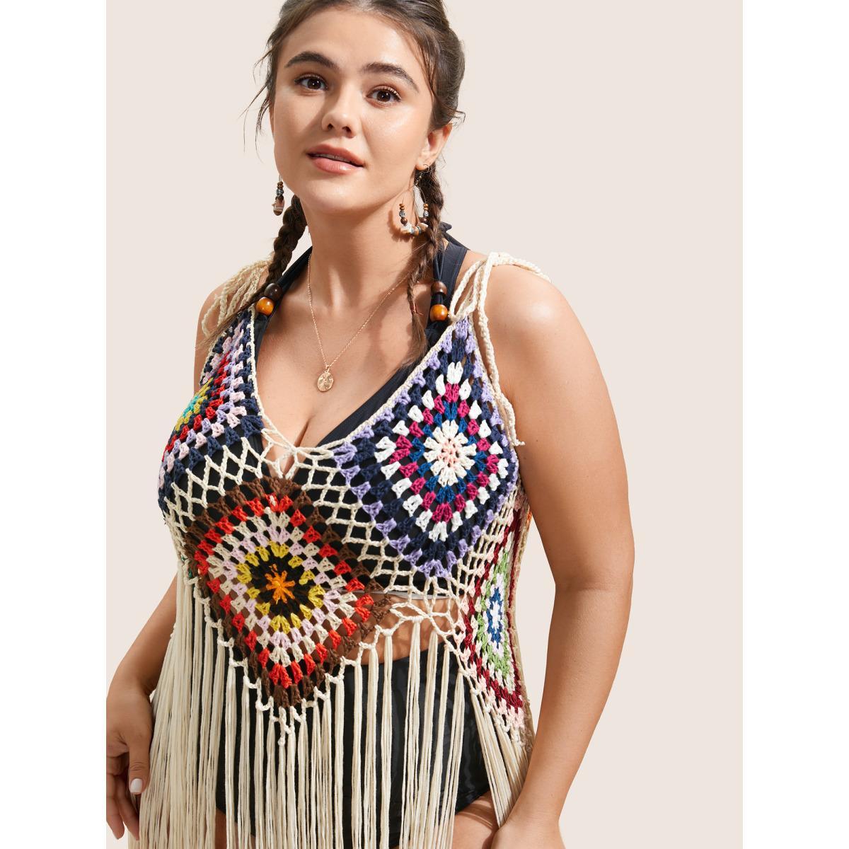 Plus Size Geometric Crochet Fringe Hem Swim Cover Up Women's Swimwear Apricot Beach Texture Curve Swim Cover Ups BloomChic 30/6X Product Image