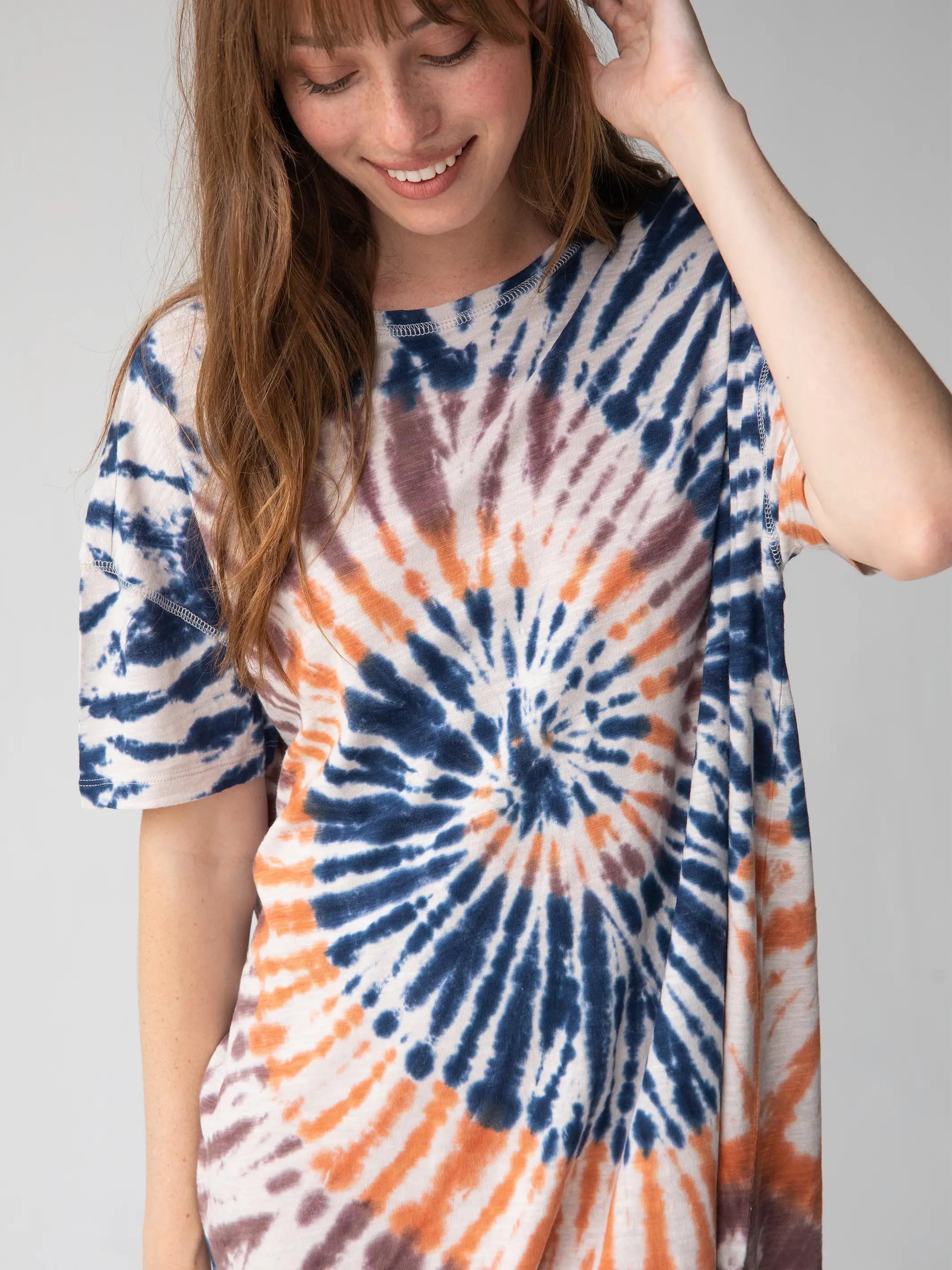 Misty Oversized Cotton Tee Mini Dress - Navy Tie-Dye Product Image