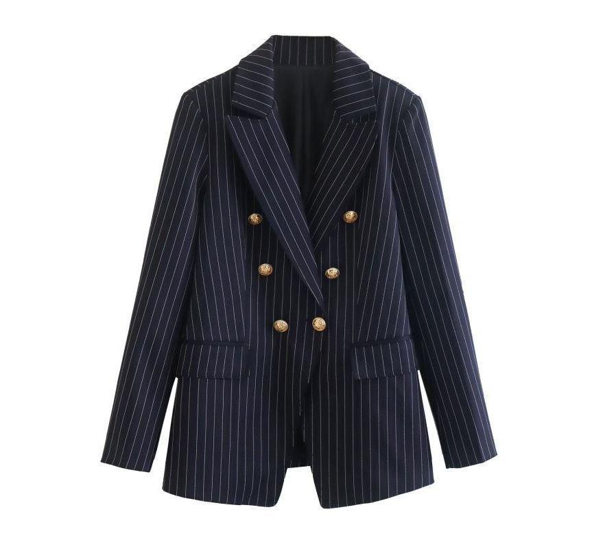 Double Breasted Striped Blazer / High Waist Boot Cut Slacks Product Image