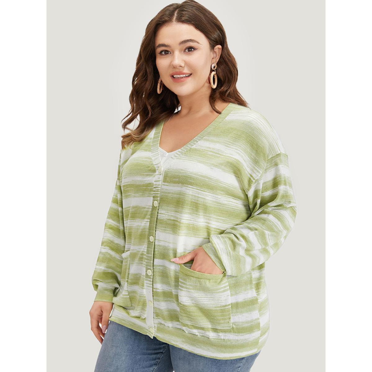 Plus Size Ombre Button Up Patched Pocket Cardigan LightGreen Women Casual Loose Long Sleeve Dailywear Cardigans BloomChic 22-24/3X Product Image
