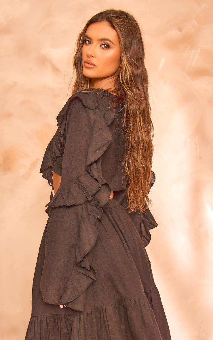 Black Linen Ruffle Front Tie Cropped Shirt Product Image