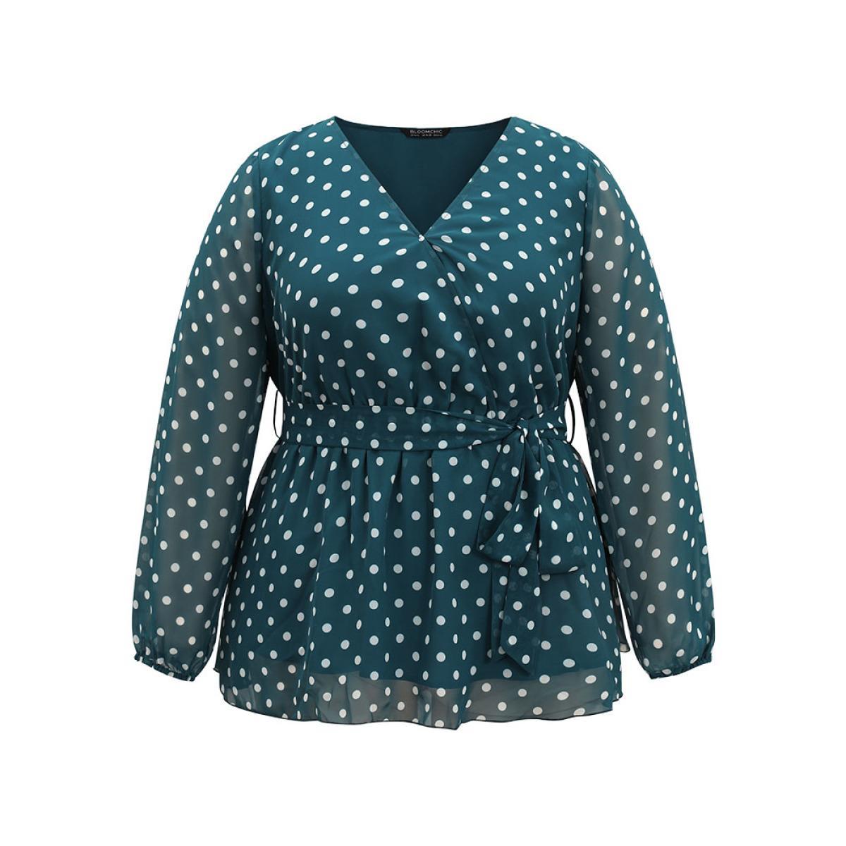 Plus Size Cerulean Polka Dot Belted Wrap Mesh Patchwork Blouse Women Elegant Long Sleeve Overlap Collar Party Blouses BloomChic 30/6X Product Image