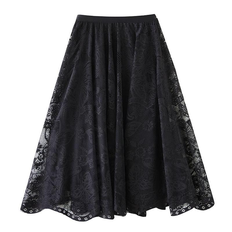 High Rise Lace Midi A-Line Skirt Product Image