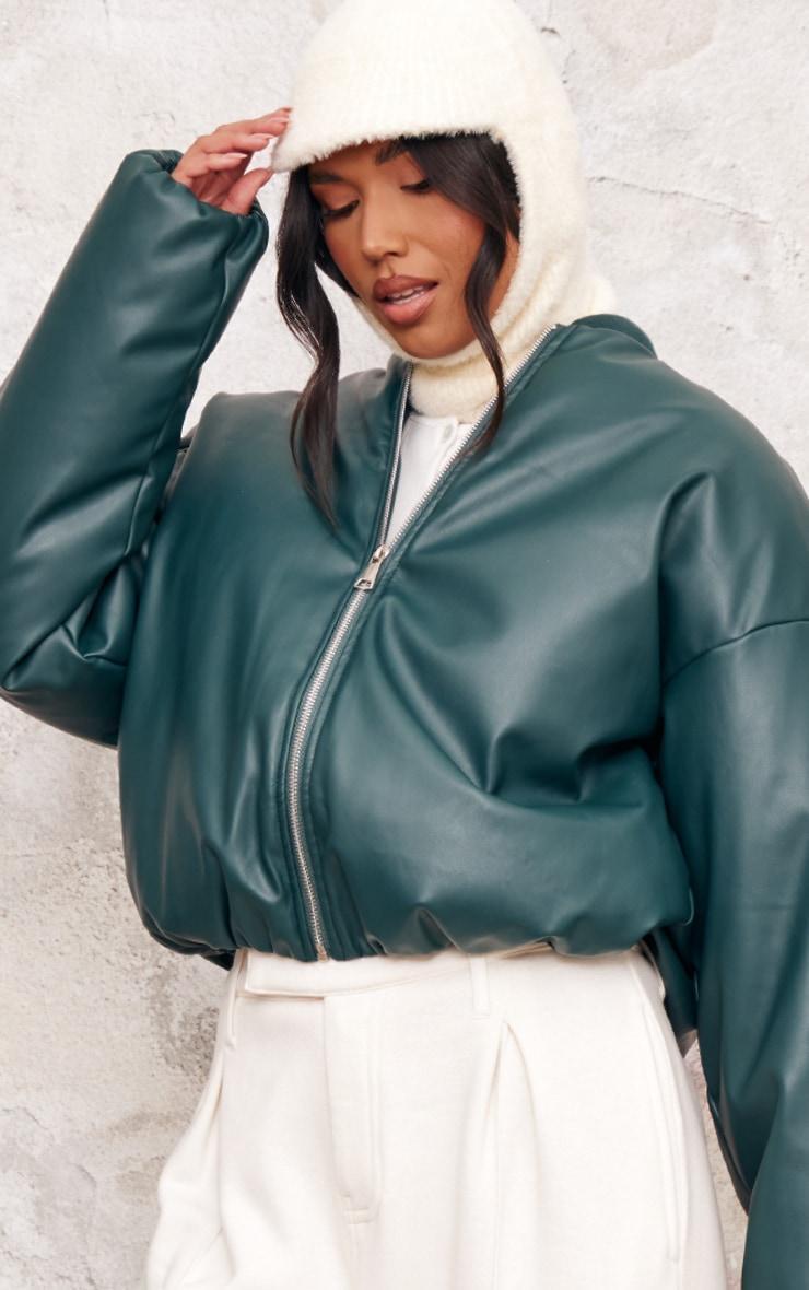  Green Faux Leather Oversized Bomber Jacket Product Image