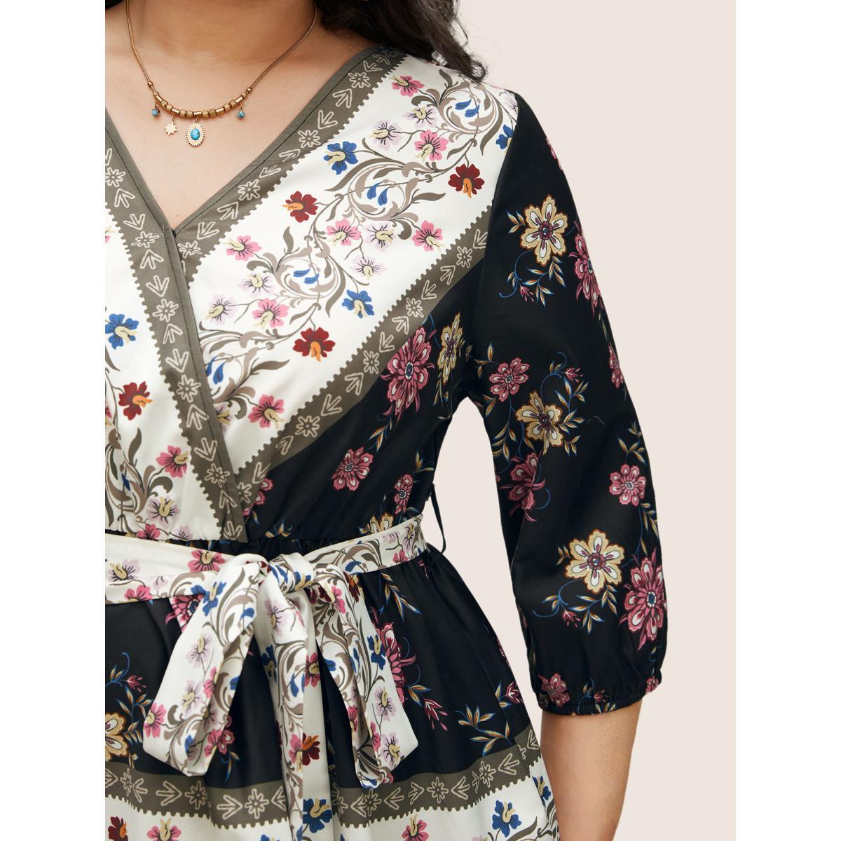Plus Size Black Boho Print Overlap Collar Belted Blouse Women Resort Elbow-length sleeve Overlap Collar Vacation Blouses BloomChic 30/6X Product Image