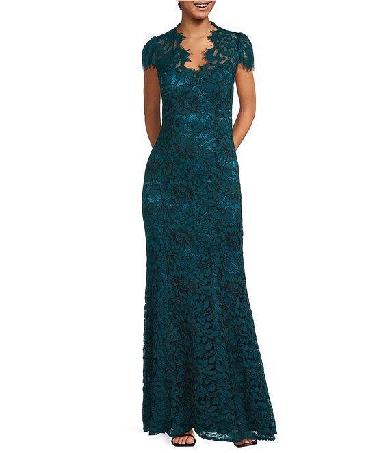 Eliza J Illusion Lace Neck Cap Sleeve V-Neck Mermaid Gown Product Image