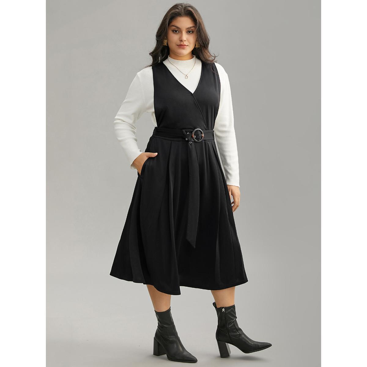 Plus Size Plain Buckle Detail Surplice Neck Tank Dress Black Women Elegant Wrap Overlap Collar Sleeveless Curvy Midi Dress BloomChic 14-16/1X Product Image