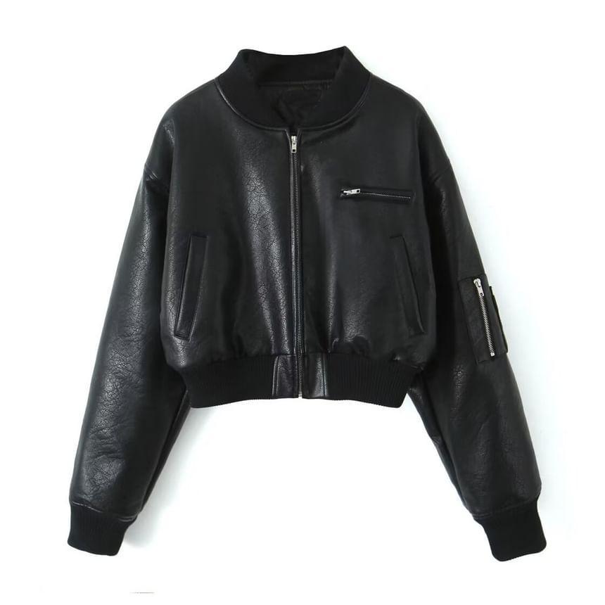 Plain Faux Leather Crop Zip Bomber Jacket Product Image