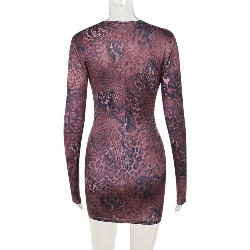 Long-Sleeve Leopard Print Cutout Mini Bodycon Dress Product Image
