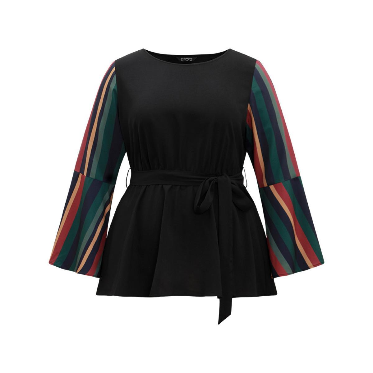 Plus Size Black Striped Patchwork Belted Bell Sleeve Blouse Women Vacation Long Sleeve Round Neck Vacation Blouses BloomChic 28/5X Product Image