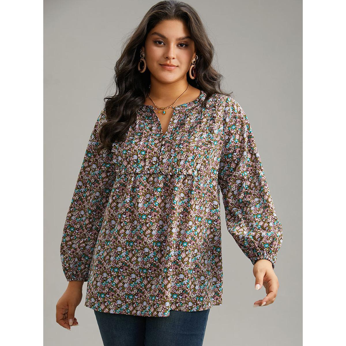 Plus Size DarkBrown Ditsy Floral Notched Frill Trim Blouse Women Elegant Long Sleeve Notched collar Dailywear Blouses BloomChic 26/4X Product Image
