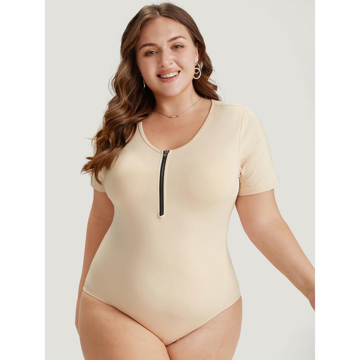 Plus Size Plain Zipper Half Crew Neck Bodysuit Women Champagne Plain Zipper Bodysuits BloomChic 12/L Product Image