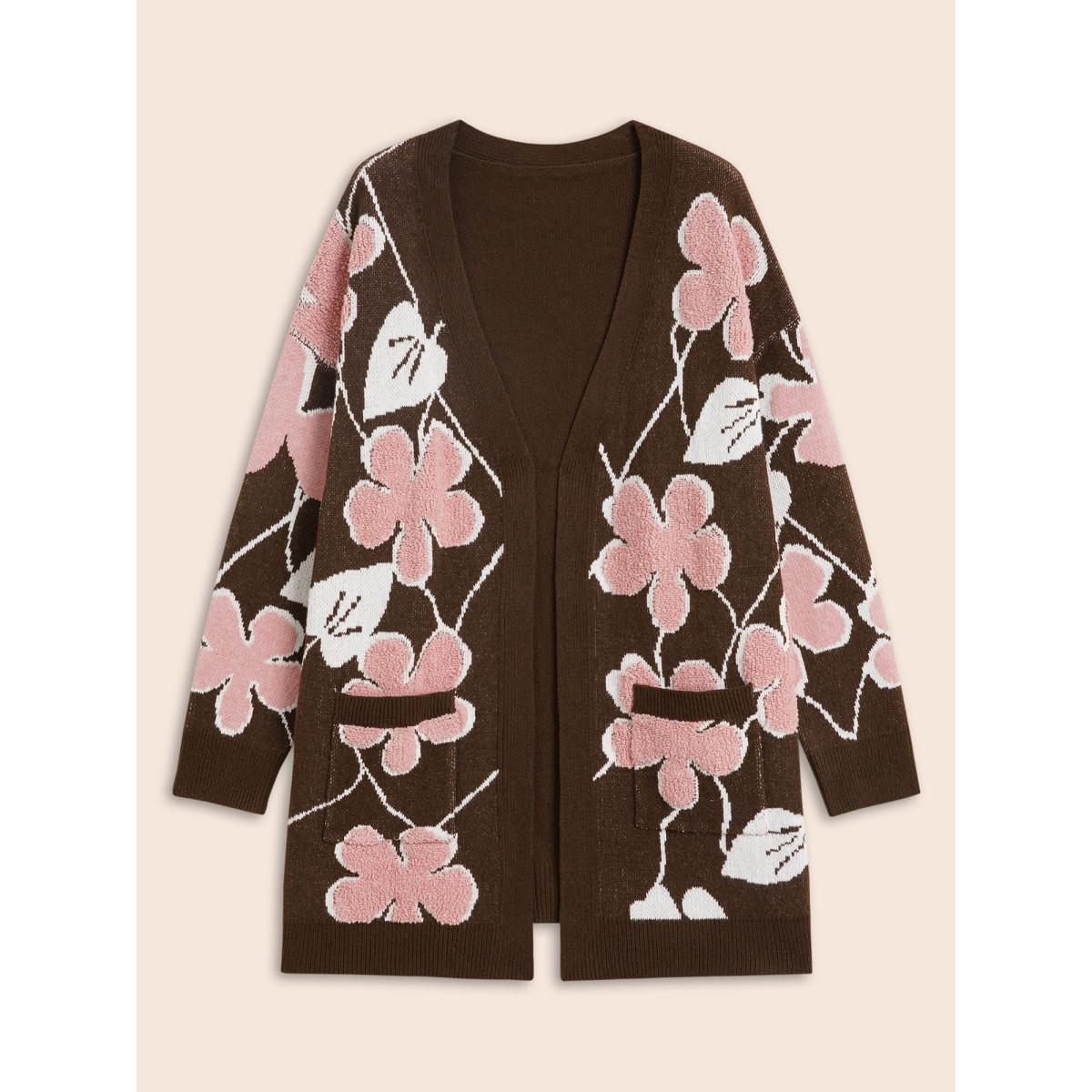 Plus Size Floral Jacquard Open Front Pocket Cardigan Browncoffeecolor Women Casual Loose Long Sleeve Everyday Cardigans BloomChic 26/4X Product Image