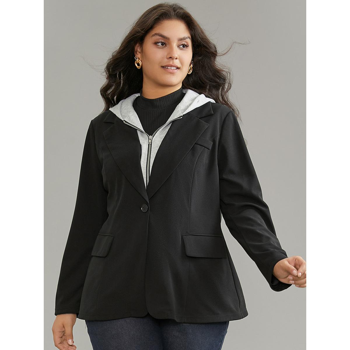 Plus Size Contrast Patchwork Zipper Button Up Hooded Blazer Black Women Dailywear Plain Lined Sleeve Long Sleeve Hooded 12/L Pocket Casual Blazers BloomChic Product Image