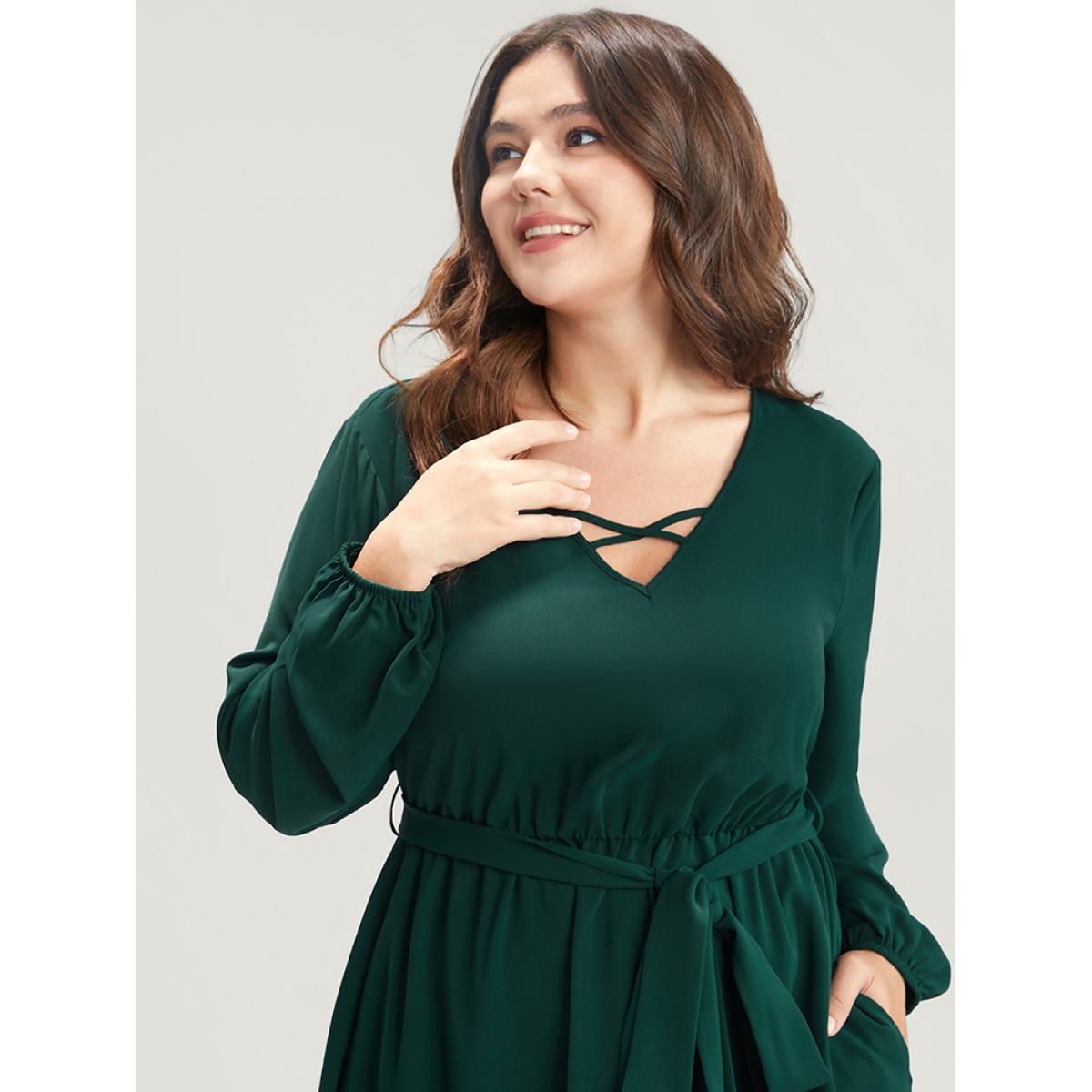 Plus Size Solid Pocket Crisscross V Neck Laser Cut Belted Dress DarkGreen Women Elegant Belted V-neck Long Sleeve Curvy Midi Dress BloomChic 10/M Product Image