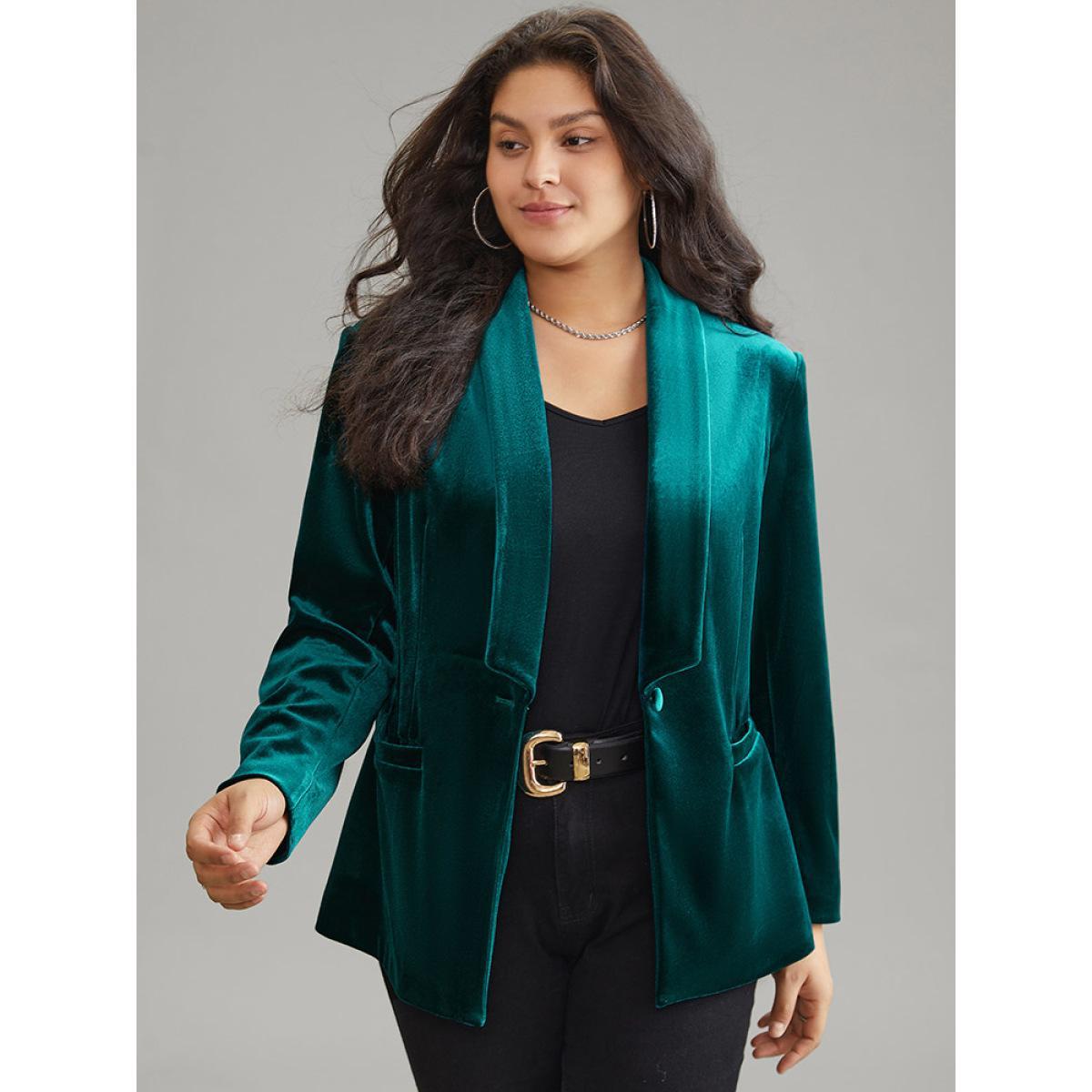 Plus Size Solid Velvet Button Up Lapel Collar Blazer Green Women Dailywear Plain Lined Sleeve Long Sleeve Lapel Collar 10/M Pocket Elegant Blazers BloomChic Product Image