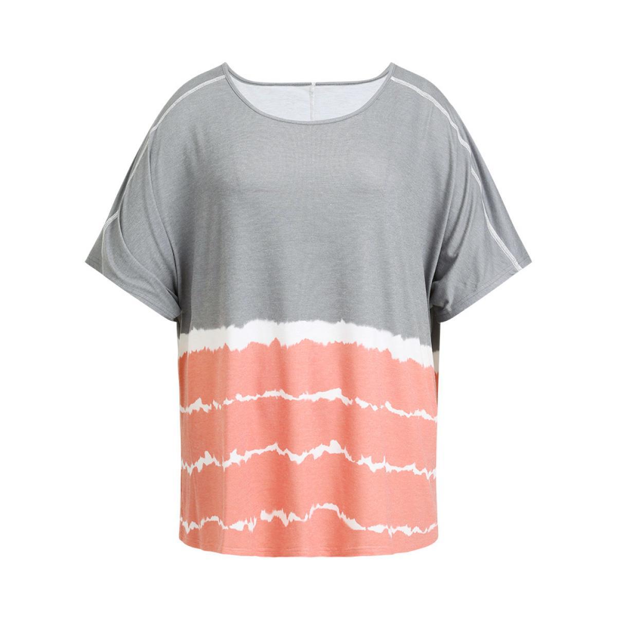 Plus Size Tie Dye Contrast Stitched Batwing Sleeve Striped T-shirt Multicolor Women Casual Tie Dye Striped Round Neck Loose Dailywear T-shirts BloomChic 30/6X Product Image