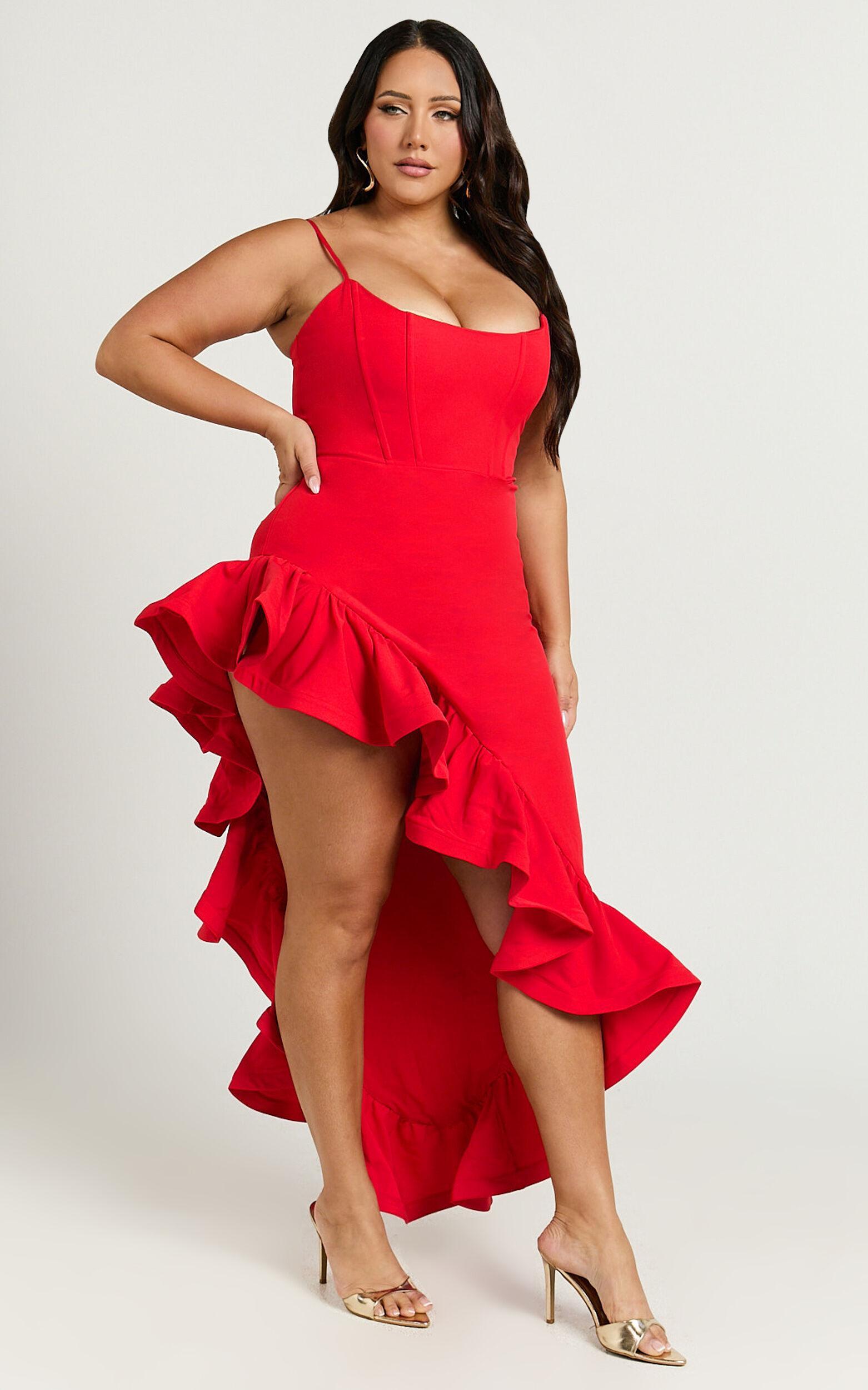 Maura Maxi Dress - Scoop Neckline Ruffle High Low Dress in Red Product Image