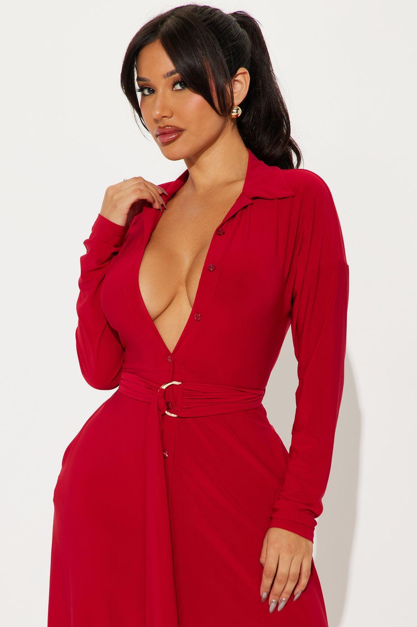 Elena Button Up Midi Dress - Red Product Image