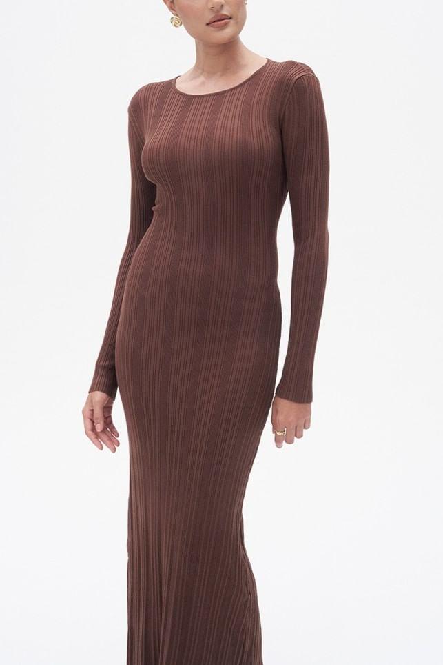 Long Sleeve Round Neck Plain Ribbed Knit Bodycon Maxi Dress Product Image