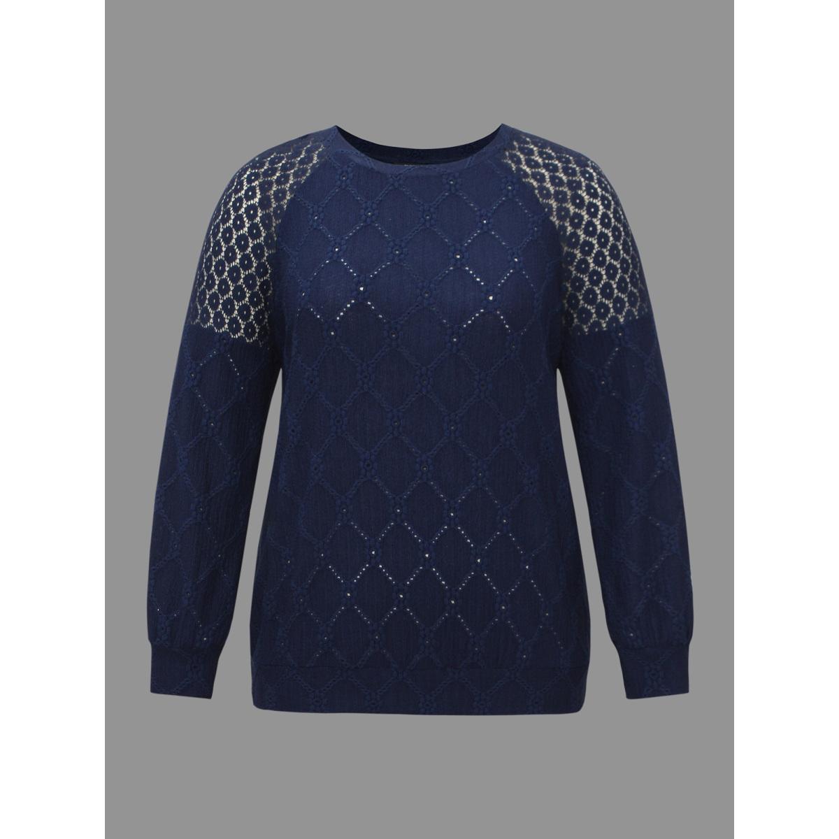 Plus Size Raglan Lace Mesh Sleeve Textured Sweatshirt Women Indigo Elegant See through Round Neck Everyday Sweatshirts BloomChic 22-24/3X Product Image