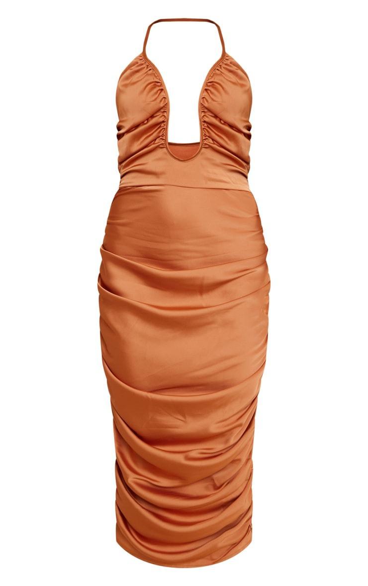  Burnt Orange Satin Plunge Ruched Midaxi Dress Product Image