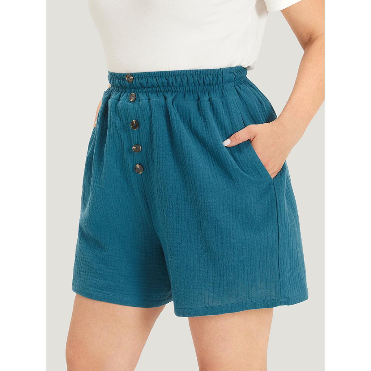 Plus Size Plain Shirred Pocket Button Detail Shorts Women Cyan Casual Texture Dailywear Shorts BloomChic 10/M Product Image
