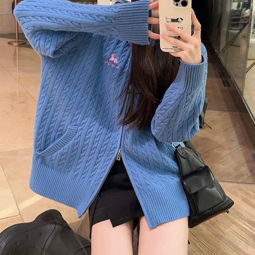 Letter Embroidered Hooded Cable-Knit Zip Cardigan / High Waist Plain Side-Slit Skort Product Image