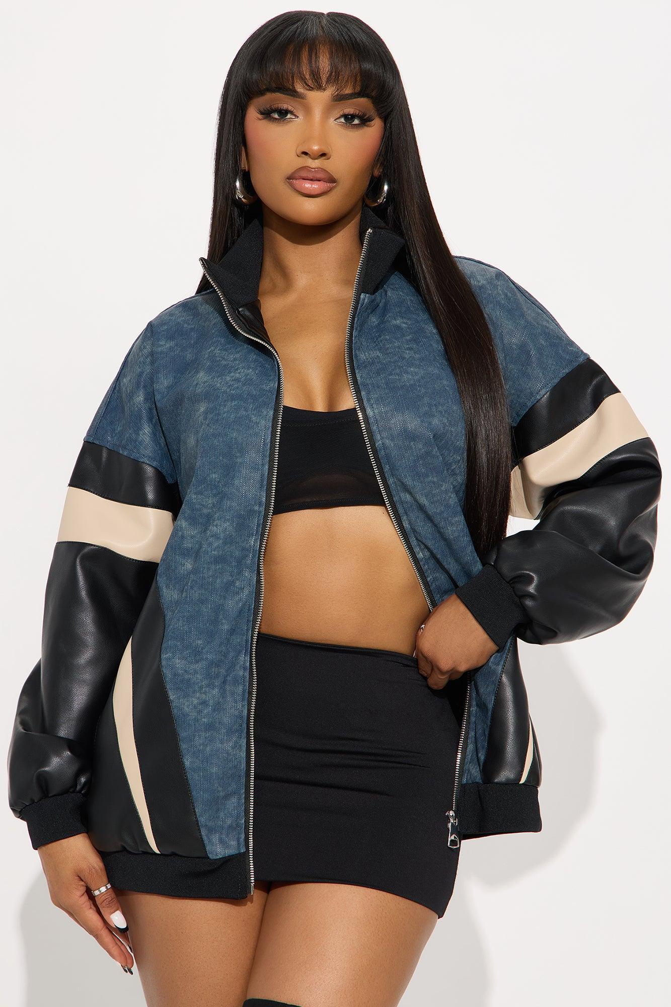 Jaded Oversized Faux Leather Bomber Jacket - Navy/combo Female Product Image