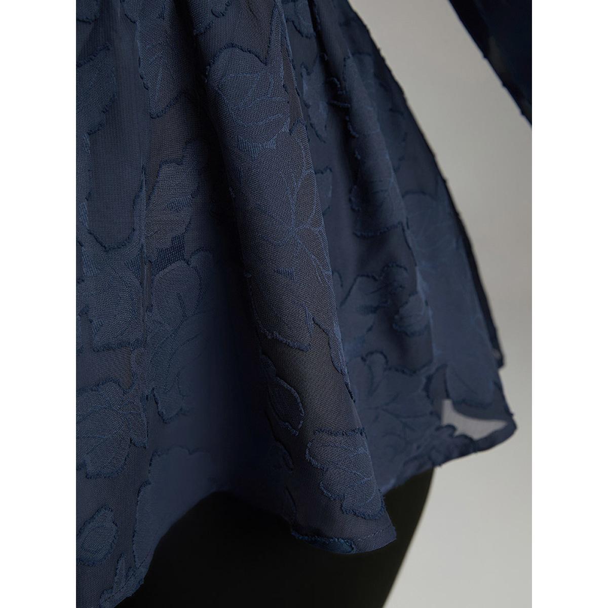 Plus Size Indigo Floral Mesh Elastic Waist Button Detail Blouse Women Glamour Long Sleeve V-neck Going out Blouses BloomChic 22-24/3X Product Image