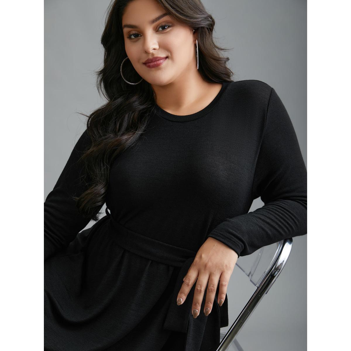 Plus Size Round Neck Heather Belted Dress Black Women At the Office Texture Round Neck Long Sleeve Curvy BloomChic 10/M Product Image