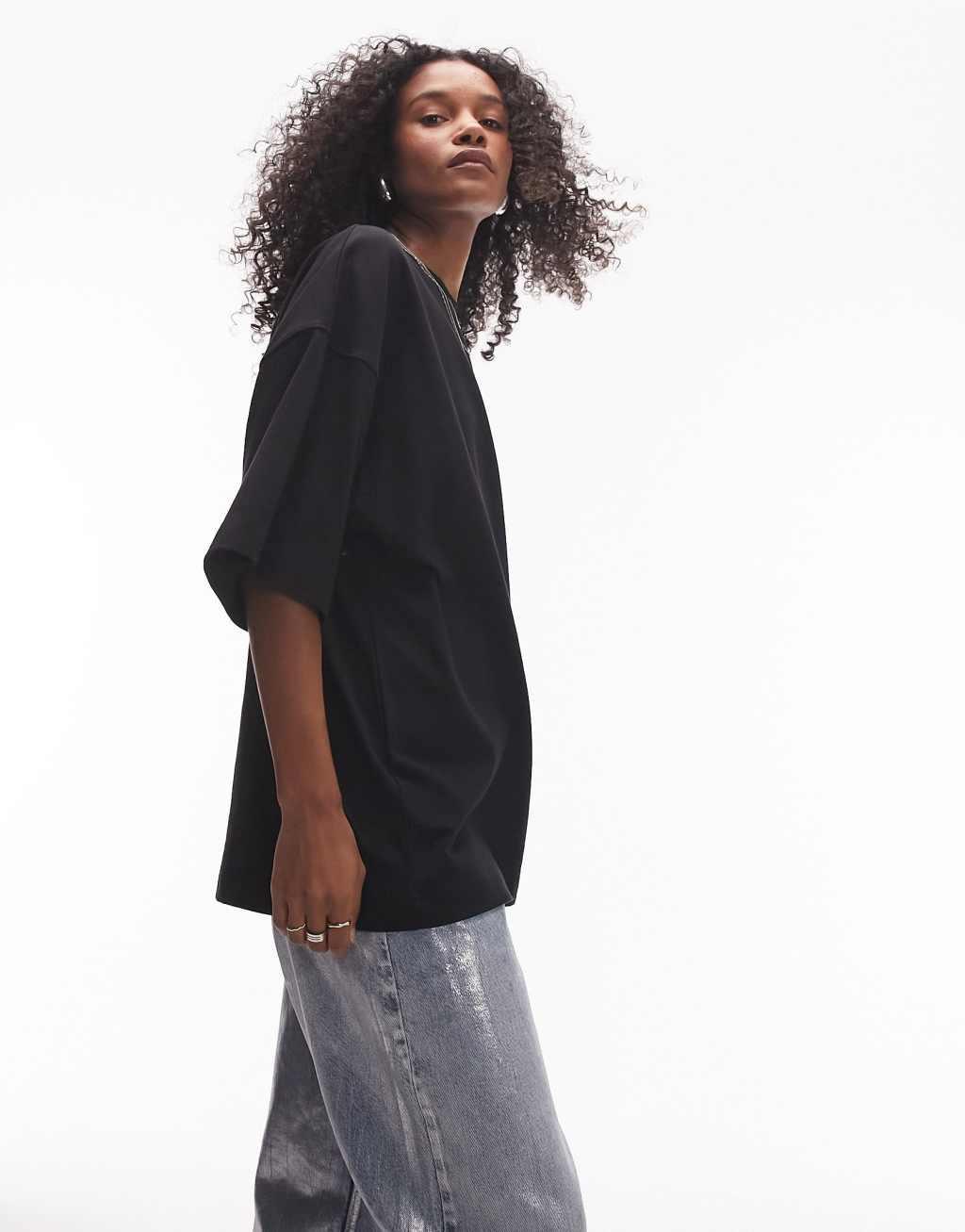 Topshop oversized drop shoulder tee in black Product Image