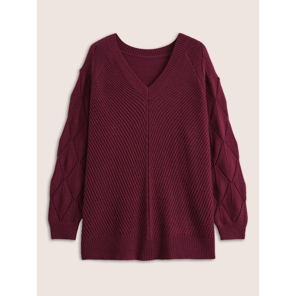 Plus Size Solid Hollow Out Raglan Sleeve Pullover Burgundy Women Casual Loose Long Sleeve V-neck Dailywear Pullovers BloomChic 26/4X Product Image