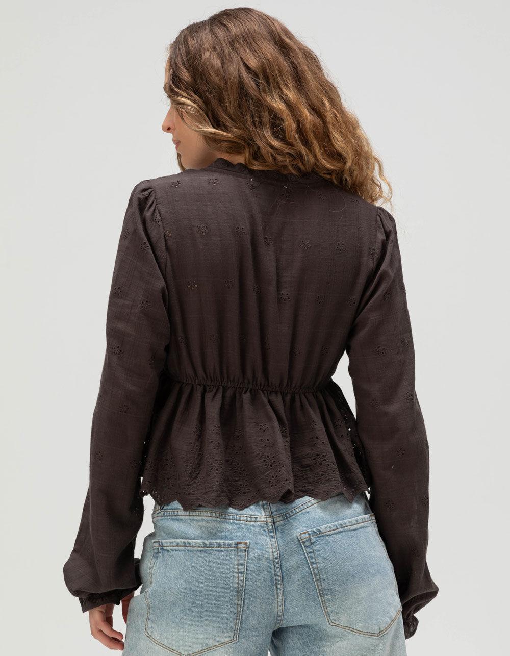 RSQ Womens Crochet Long Sleeve Tie Front Top - GRAY Product Image