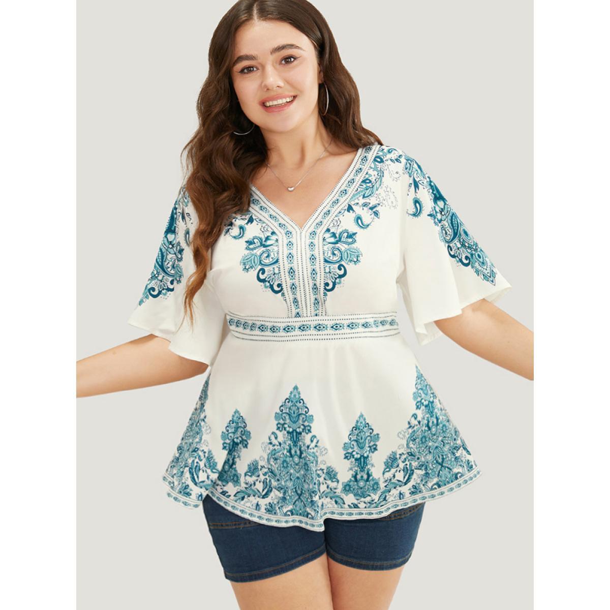 Plus Size Cerulean Bandana Print Ruffles Elastic Waist Blouse Women Vacation Short sleeve V-neck Dailywear Blouses BloomChic 28/5X Product Image