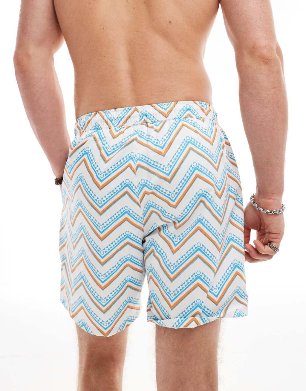 ASOS DESIGN swim shorts in mid length in zig zag pattern Product Image