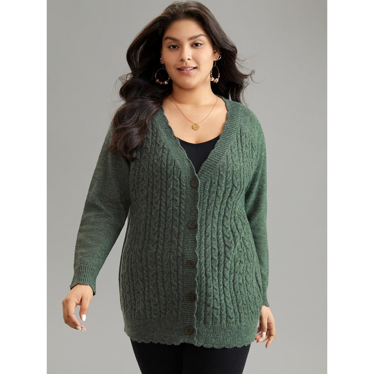 Plus Size Solid Cable Knit Scalloped Trim Cardigan DarkGreen Women Casual Loose Long Sleeve Dailywear Cardigans BloomChic 12/L Product Image