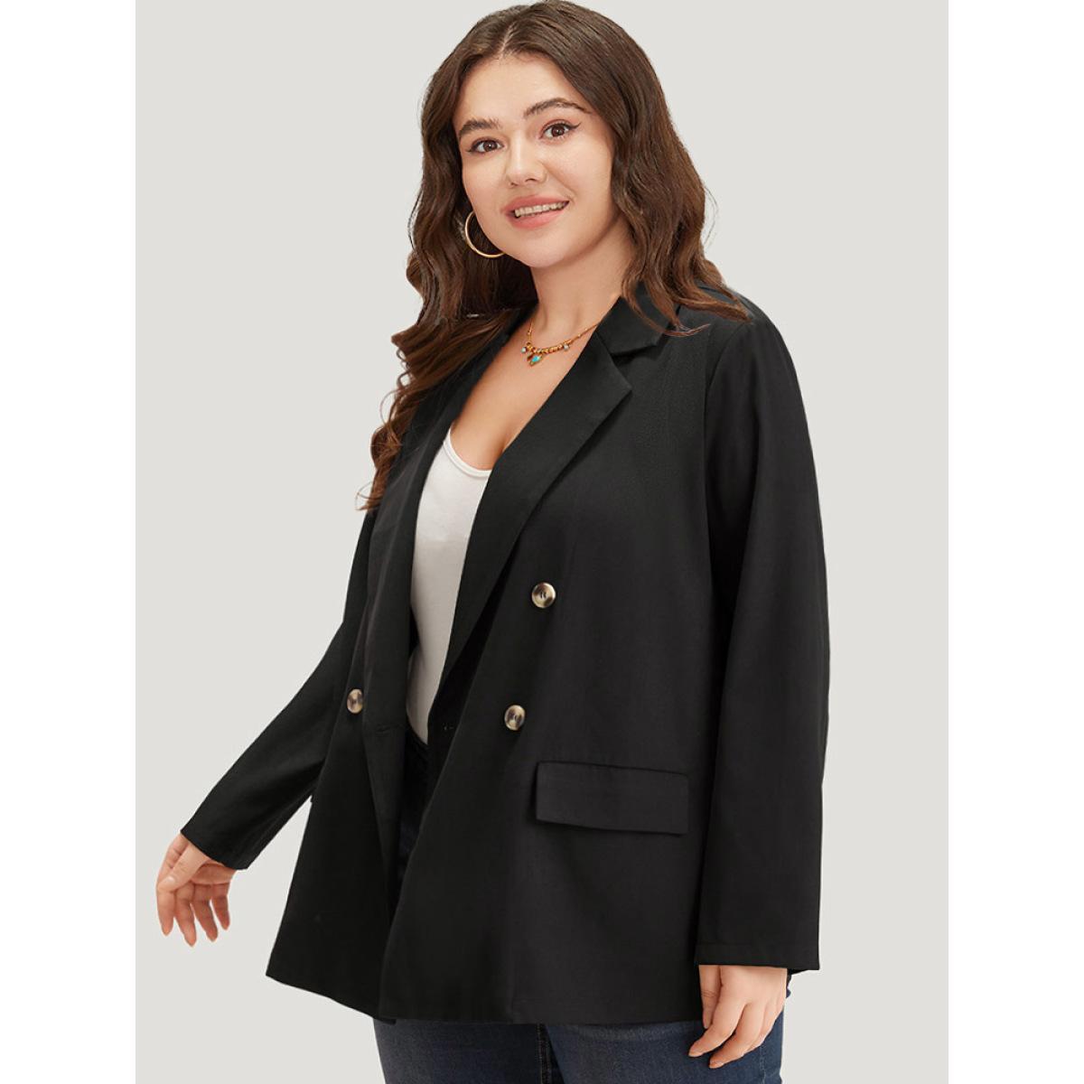 Plus Size Plain Suit Collar Pocket Double Breasted Blazer Black Women Work Plain Plain Sleeve Long Sleeve Suit Collar 18-20/2X Pocket Workwear Essentials Blazers BloomChic Product Image