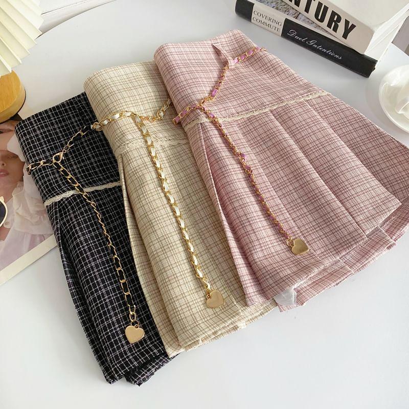 High Rise Plaid Lace Trim Pleated Mini A-Line Skirt Product Image