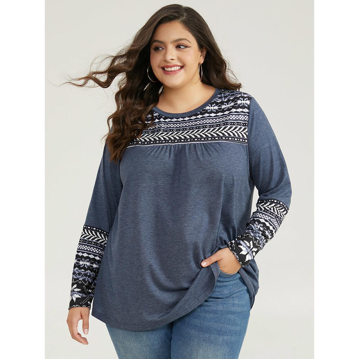 Plus Size Boho Print Round Neck Gathered T-shirt Blue Women Casual Patchwork Bohemian Print Round Neck Dailywear T-shirts BloomChic 22-24/3X Product Image