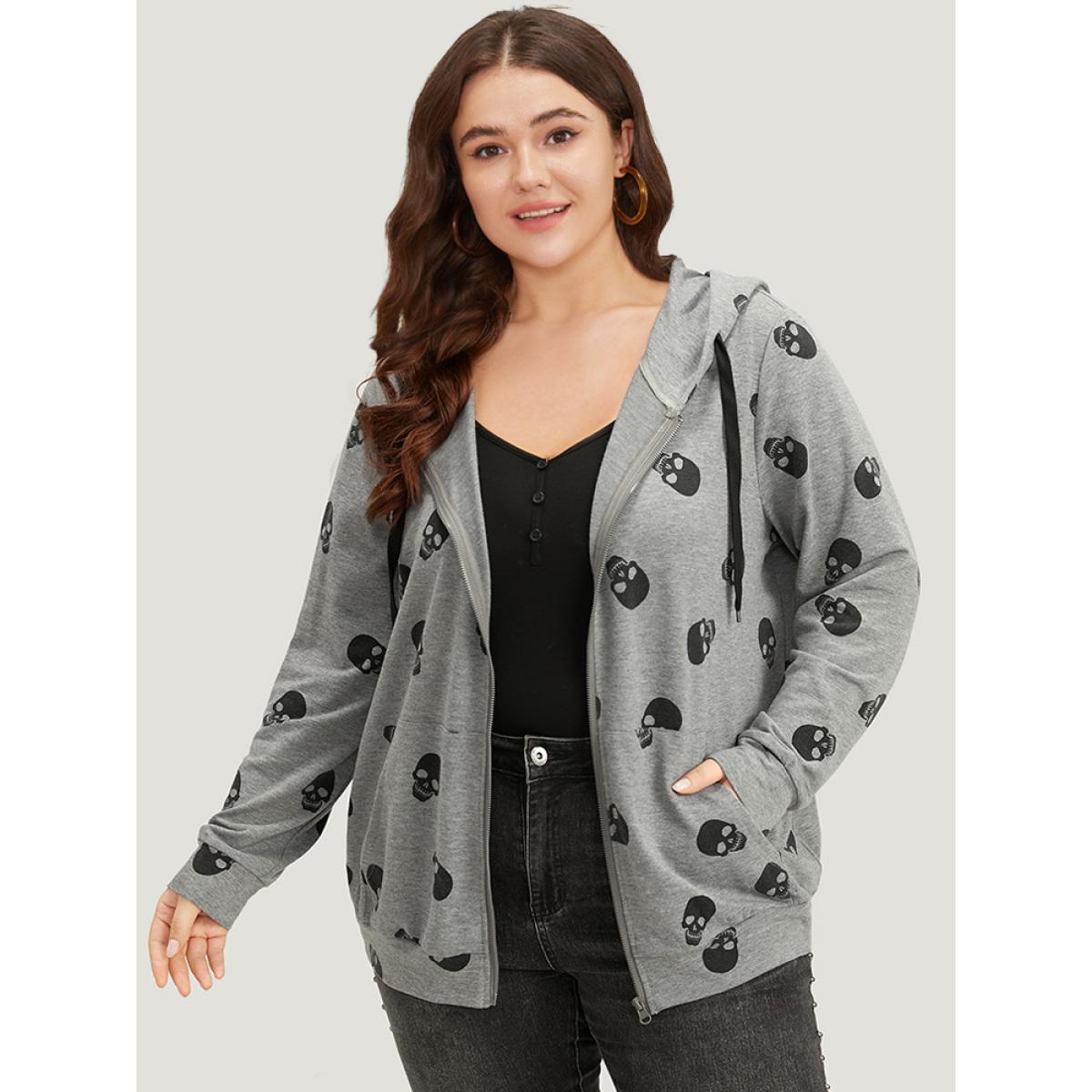 Plus Size Halloween Skull Print Pocket Zipper Hooded Sweatshirt Women Gray Casual Elastic cuffs Hooded Festival-Halloween Sweatshirts BloomChic 26/4X Product Image