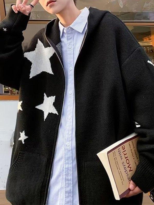 Men's Star Jacquard Zip Up Hooded Cardigan Product Image
