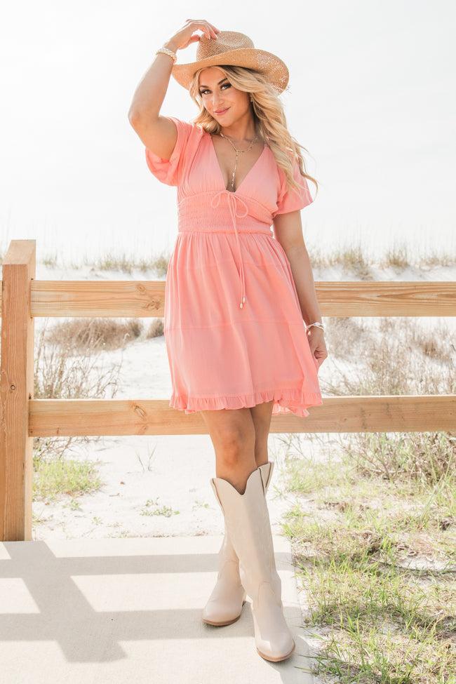 Urban Cowgirl Coral V-Neck Smocked Dress SALE Product Image