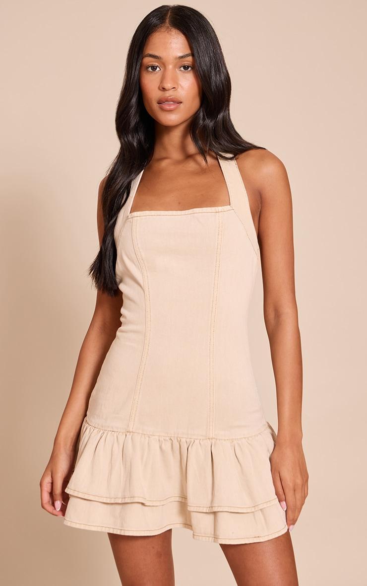 Tall Stone Halter Neck Frill Denim Mini Dress Product Image