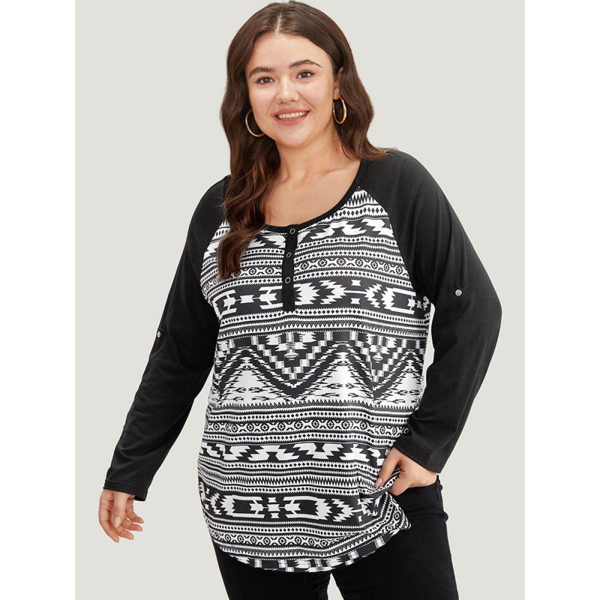 Plus Size Geometric Patchwork Button Down T-shirt Black Women Casual Contrast Geometric Open Front Dailywear T-shirts BloomChic 30/6X Product Image