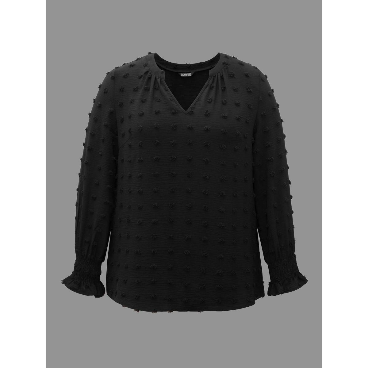 Plus Size Black Plain Textured Shirred Gathered Blouse Women Elegant Long Sleeve V-neck Everyday Blouses BloomChic 12/L Product Image