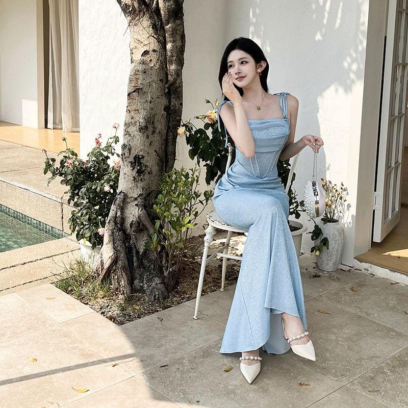 Sleeveless Glitter Ruched Slim-Fit Maxi Bodycon Dress Product Image