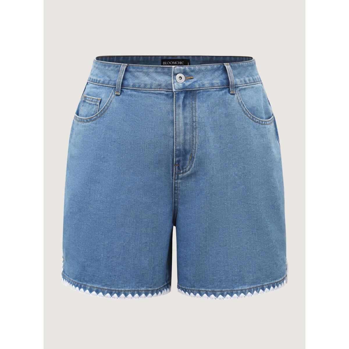 Plus Size Embroidered Hem Wide-Leg Denim Shorts Women Midblue No stretch Vacation Slanted pocket Resort Denim Shorts BloomChic 16/1X Product Image